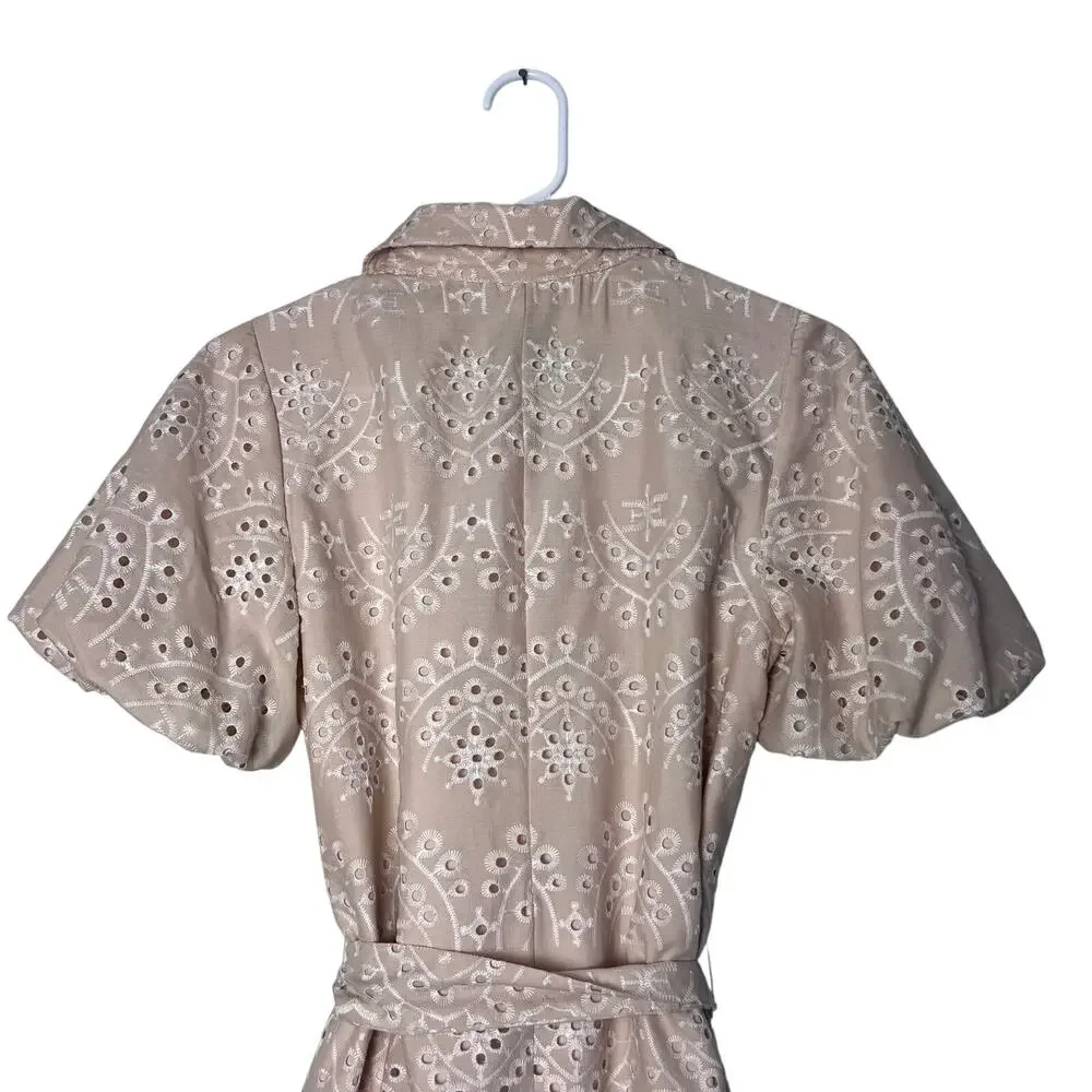 Sam Edelman Eyelet Shirt Dress Beige Puff Sleeve Belted Mini Dress Size 2 - Picture 5 of 10